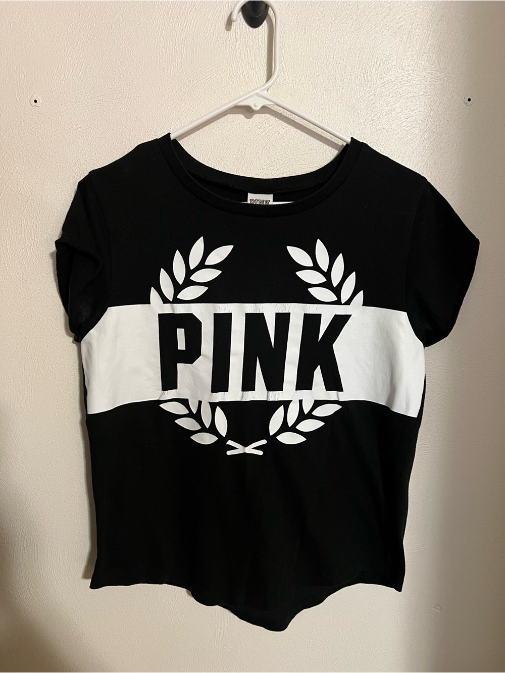 PINK VICTORIA'S SECRET Logo Cap Sleeve Athleisure T Shirt Black White Women's M